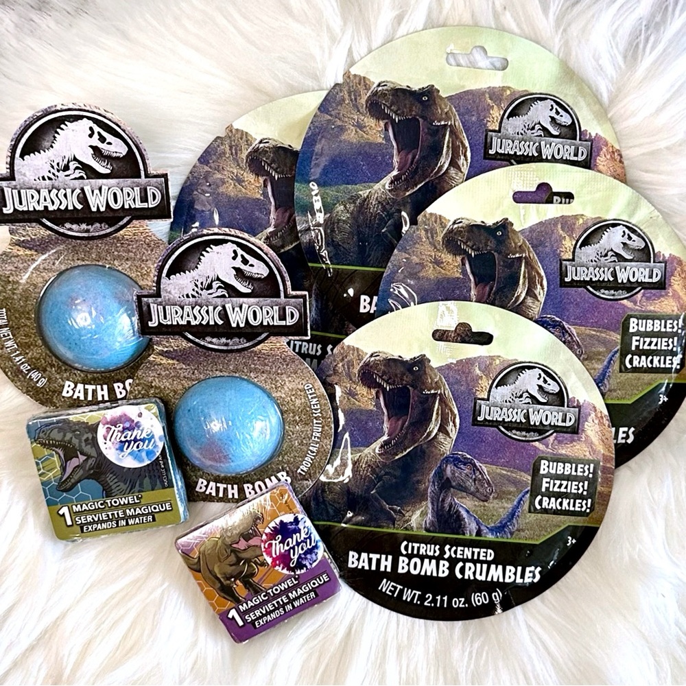 Jurassic World Tropical Fruit Bath Bomb, Citrus Crumbles, & Magic Towels Bundle
